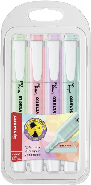 Textmarker - STABILO swing cool Pastel Edition - 4er Pack - Hauch von Minzgrün, rosiges Rouge, Schimmer von Lila, zartes Türkis