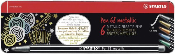 Premium Metallic-Filzstift - STABILO Pen 68 metallic - 6er Metalletui - 2x silber, je 1x gold, kupfer, metallic blau, metallic grün