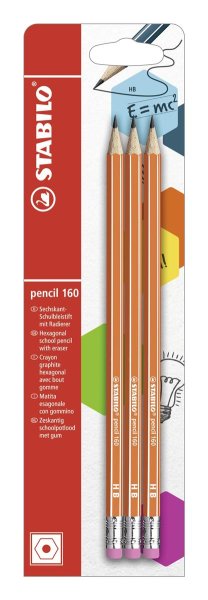 STABILO pencil 160 - ceruzka s gumou - tvrdosť HB - 3 ks - oranžová