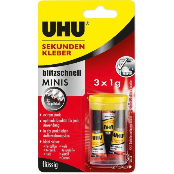 UHU Sekundenkleber blitzschnell MINIS, 3 Tuben á 1 g