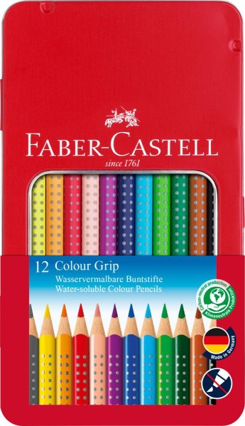 FABER-CASTELL trojhranné farbičky - Colour GRIP - 12 rôznych farieb v kovovom balení