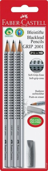 FABER-CASTELL Bleistift GRIP 2001 HB silber 3er Set + Radierer