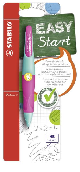 Ergonomischer Druck-Bleistift für Linkshänder - STABILO EASYergo 1.4 in türkis/neonpink - Einzelstift - inklusive 3 dünner Minen - Härtegrad HB