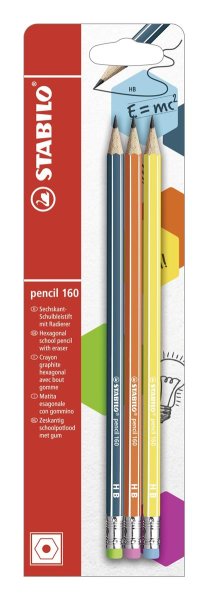 STABILO pencil 160 - ceruzka s gumou - tvrdosť HB - 3 ks - petrolejová / oranžová / žltá