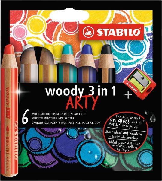 Buntstift, Wasserfarbe & Wachsmalkreide - STABILO woody 3 in 1 - ARTY - 6er Pack - mit 6 verschiedenen Farben und Spitzer