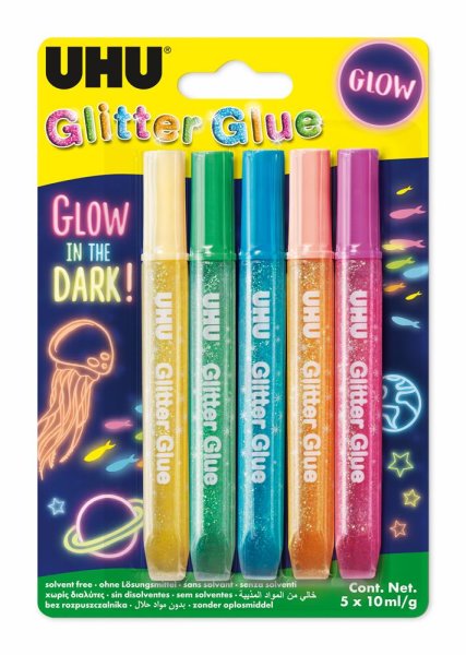 UHU Glitzerkleber Glitter Glue Glow in the Dark, Inhalt: 5 x 10 ml