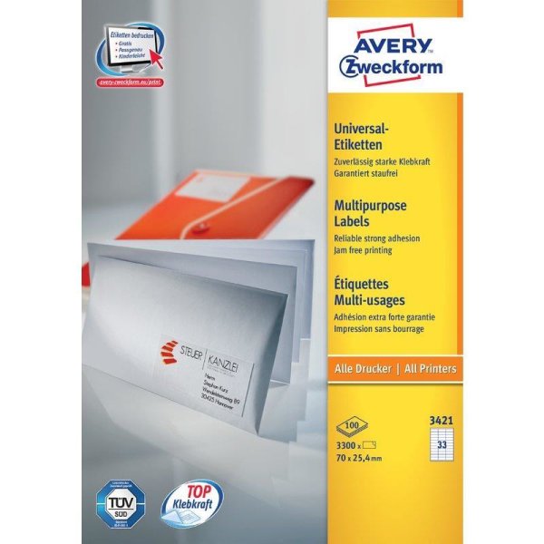 AVERY Zweckform Universal-Etiketten, 70 x 25,4 mm, weiß (3421)