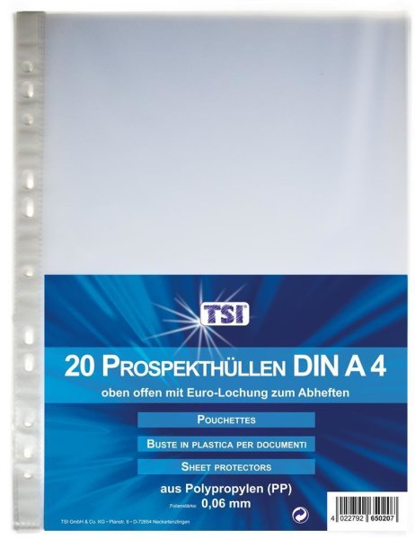 TSI Prospekthüllen DIN A4 Eurolochung 60 my - 20 Stück