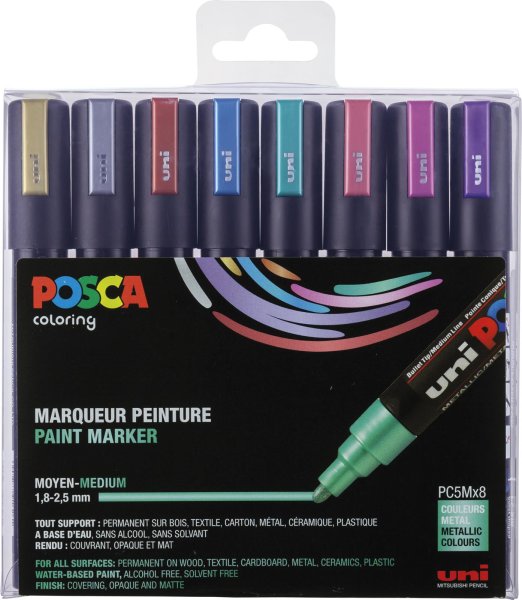 POSCA Acryl Marker PC-5M Mittelfeine Spitze 1,8 - 2,5mm, 8er Set Metallic Colours