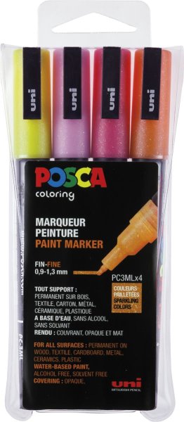 POSCA Acryl Marker PC-3M Feine Spitze 0,9 - 1,3mm, 4er Set Glitter