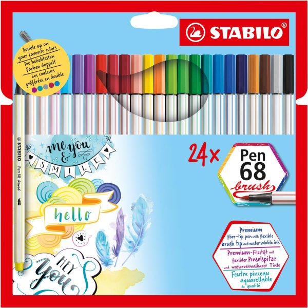Premium-Filzstift mit Pinselspitze für variable Strichstärken - STABILO Pen 68 brush - 24er Pack - mit 19 verschiedenen Farben