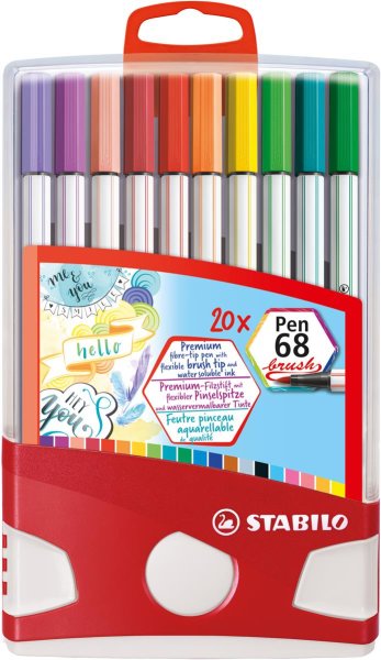 Premium-Filzstift mit Pinselspitze für variable Strichstärken - STABILO Pen 68 brush Colorparade - 20er Tischset - mit 19 verschiedenen Farben