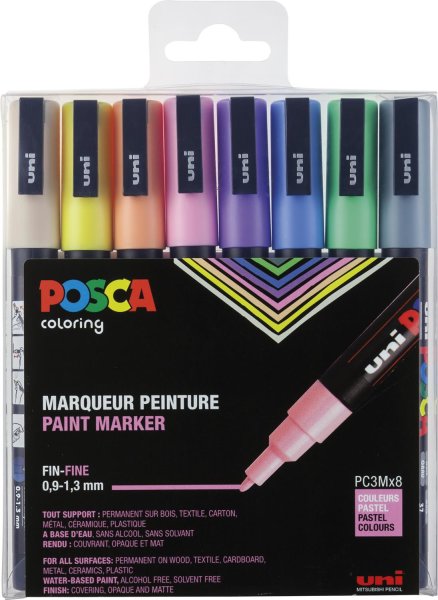 POSCA akrylový popisovač  PC-3M - jemný hrot - 0,9 - 1,3 mm - 8 ks súprava - pastelové farby