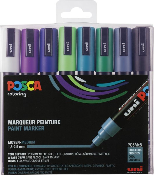 POSCA Acryl Marker PC-5M Mittelfeine Spitze 1,8 - 2,5mm, 8er Set Cool Colours