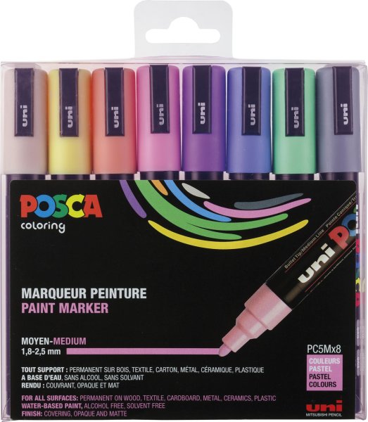 POSCA Acryl Marker PC-5M Mittelfeine Spitze 1,8 - 2,5mm, 8er Set Pastell