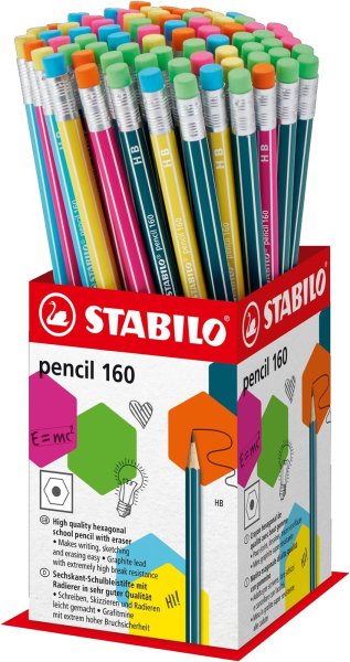 Bleistift mit Radierer - STABILO pencil 160 in petrol, gelb, orange, blau, pink - Härtegrad HB - 72er Display