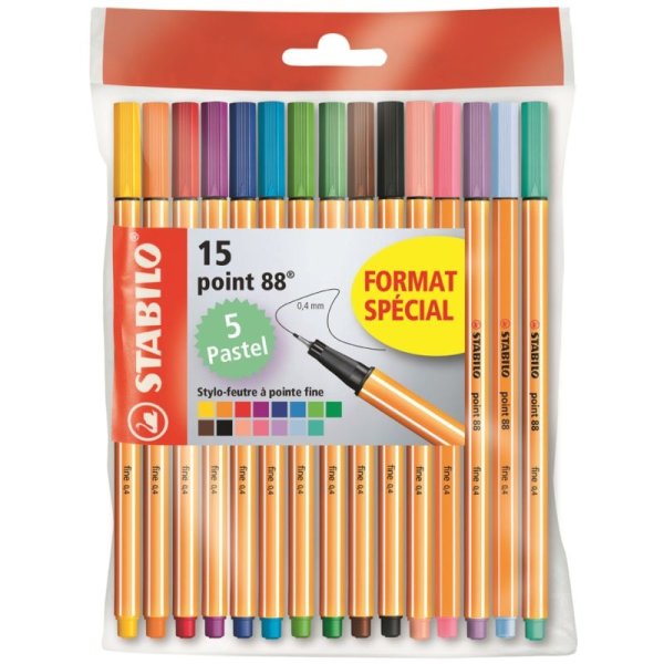 Fineliner - STABILO point 88 - 15er Pack - mit 15 verschiedenen Farben inklusive 5 Pastelfarben