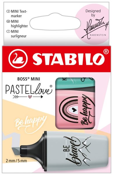 Textmarker - STABILO BOSS MINI Pastellove 2.0 - 3er Pack - rosiges Rouge, zartes Türkis, Hauch von Minzgrün