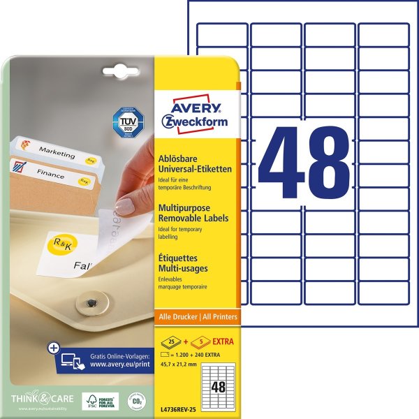 AVERY Zweckform Stick+Lift Etiketten, 45,7 x 21,2 mm, weiß