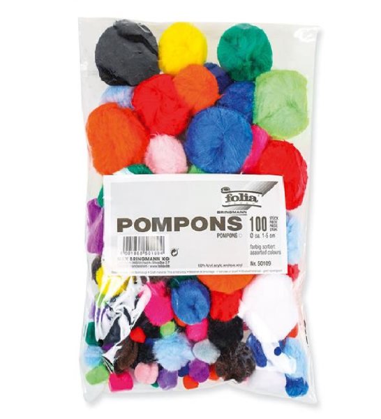 folia Pompons, 100 Stück, Größen und Farben sortiert