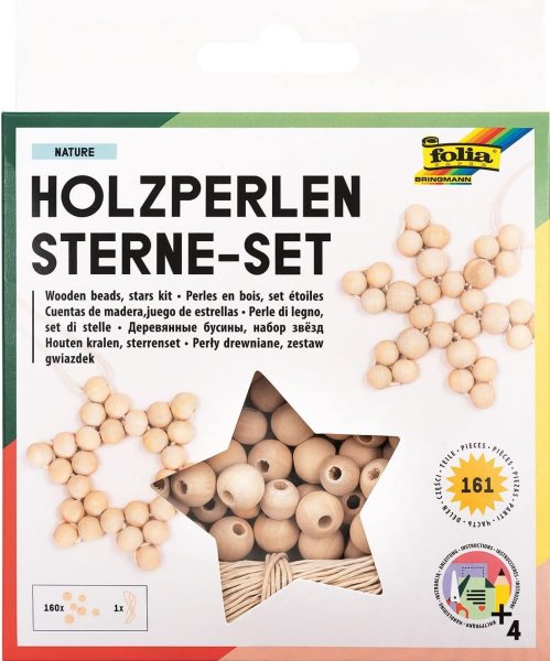 folia Holzperlen Sterne-Set NATURE, 161-teilig