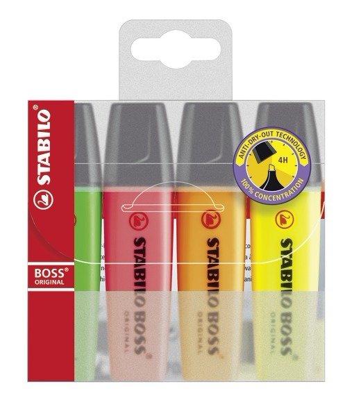 Textmarker - STABILO BOSS ORIGINAL - 4er Pack - gelb, orange, grün, pink
