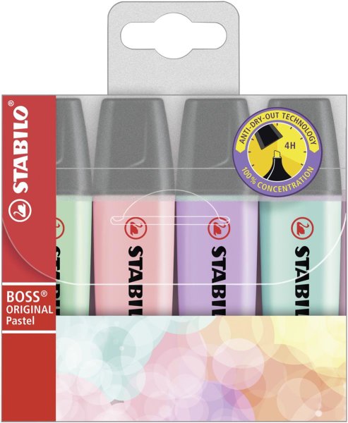 Textmarker - STABILO BOSS ORIGINAL Pastel - 4er Pack - Hauch von Minzgrün, rosiges Rouge, Schimmer von Lila, zartes Türkis