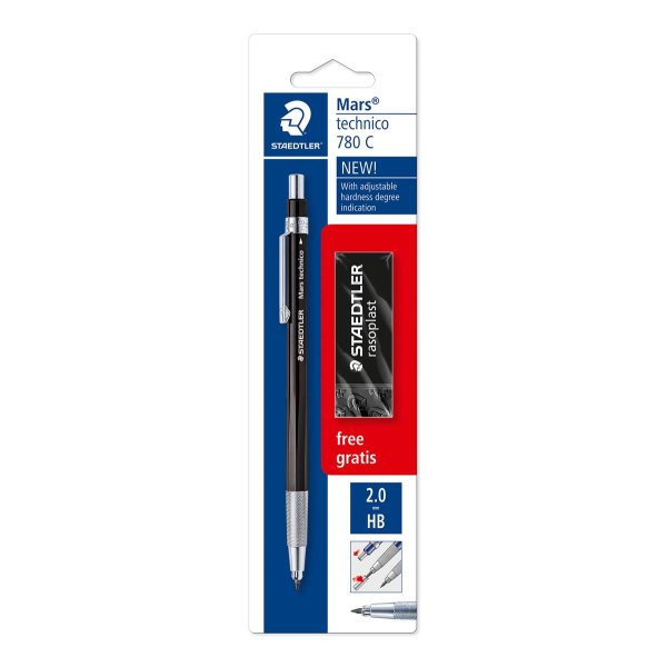 STAEDTLER Mars 780 technico Minenhalter / Fallminenstift 2mm HB schwarz + Radierer gratis