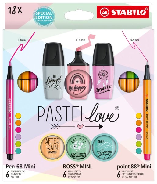 Stifte-Set – STABILO Pastellove Set – 18er Pack - Fineliner, Premium-Filzstifte & Textmarker