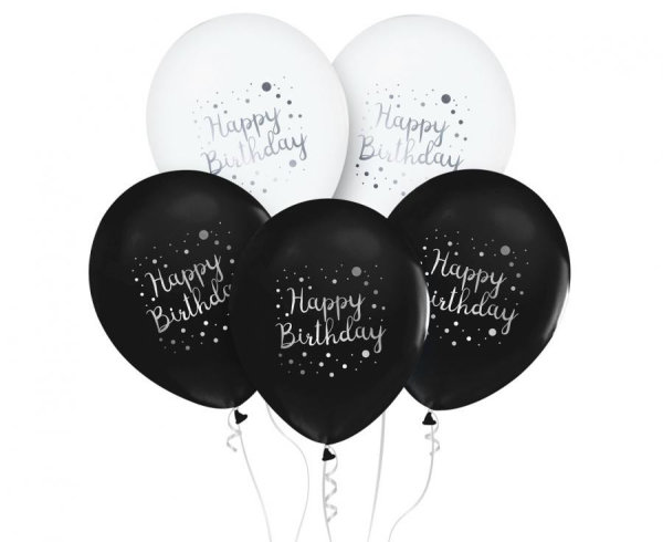 Ballon 30 cm 5 Stück - Happy Birthday schwarz/weiss