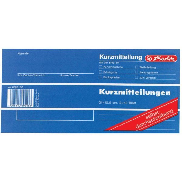 herlitz Formularbuch "Kurzmitteilung", 1/3 A4 quer