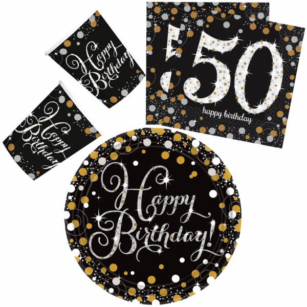 Party-Set 32-teilig "Happy Birthday" Black / Gold 50er 23 cm