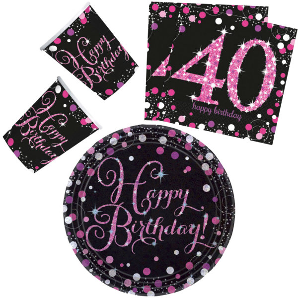 Party-Set 32-teilig "Happy Birthday" Black / Pink 40er 23 cm