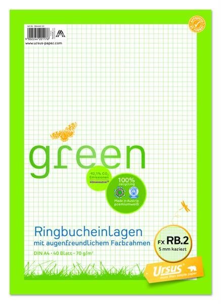 URSUSgreen Ringbucheinlage A4 40 Blatt 5mm kar. mit Rahmen farbig